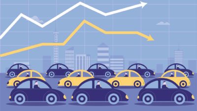 Animation of blue and yellow cars with arrows at the top symbolising automotive share price.