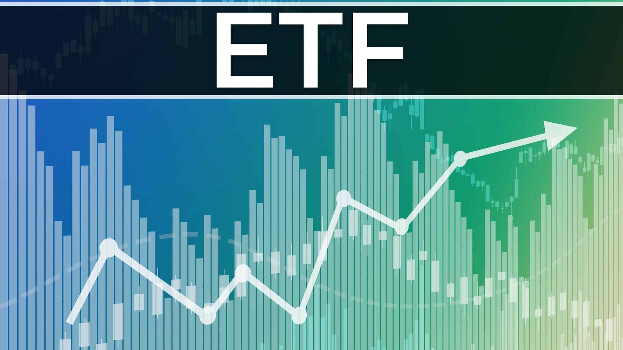 ETF written in white with an increasing stock market chart underneath.