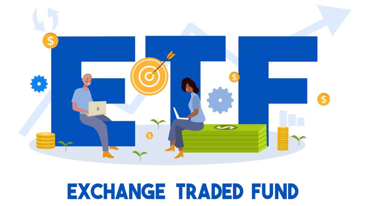 ETF written in blue with a man and woman sitting on their laptops.