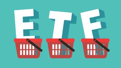 ETF written in white and in shopping baskets.