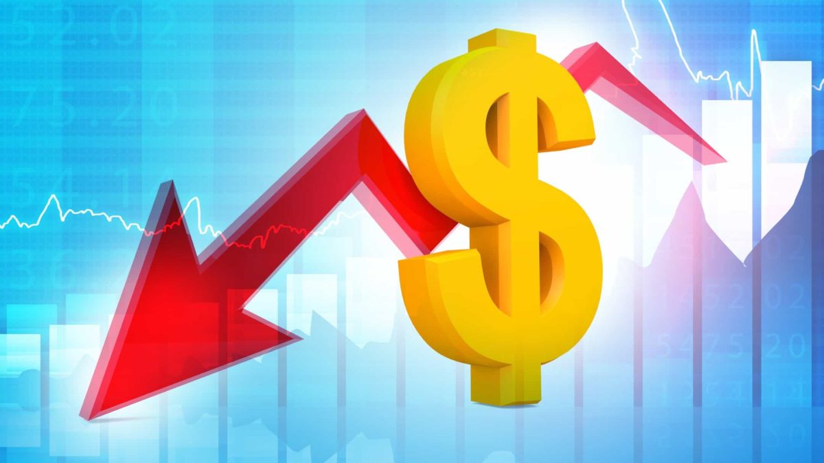 Dollar sign in yellow with a red falling arrow in front of a graph, symbolising a falling share price.