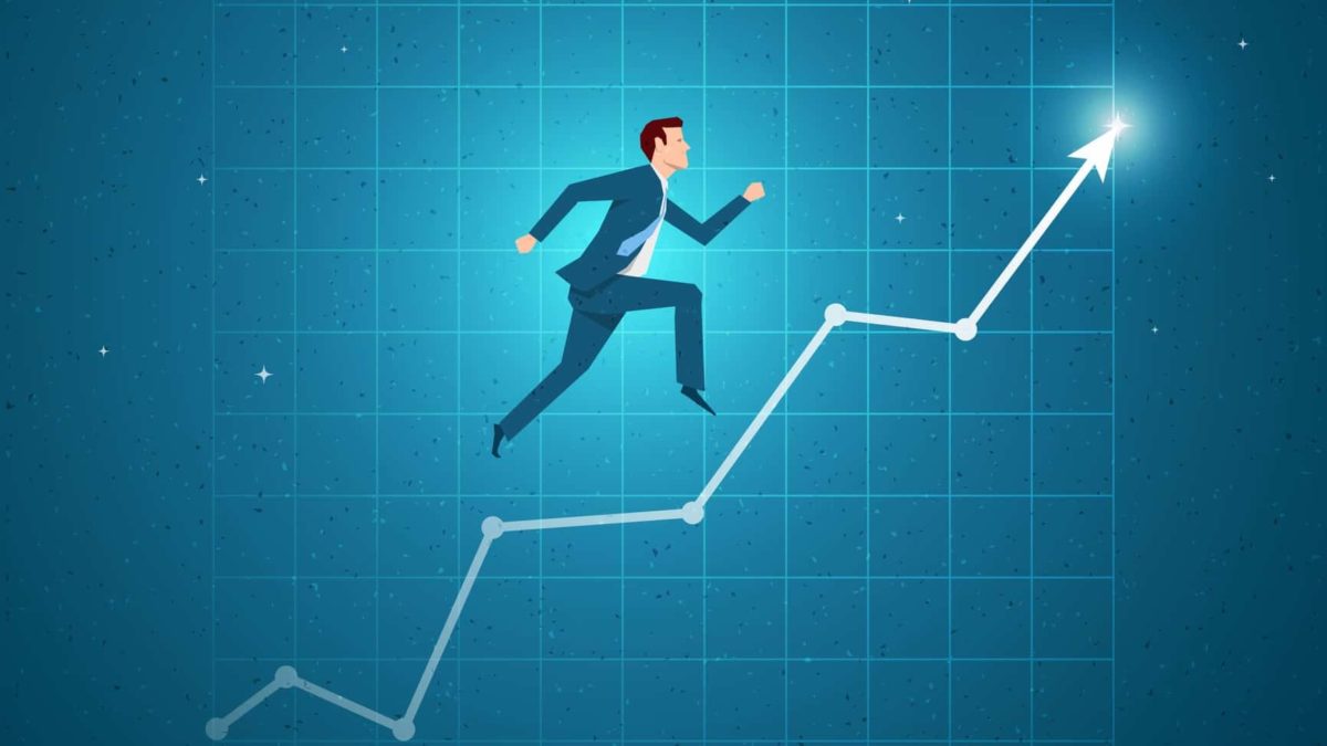 A graphic showing a businessman running up a white upwards rising arrow symbolising the soaring Magellan share price today