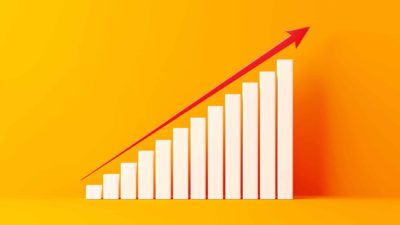 Increasing white bar graph with a rising arrow on an orange background.