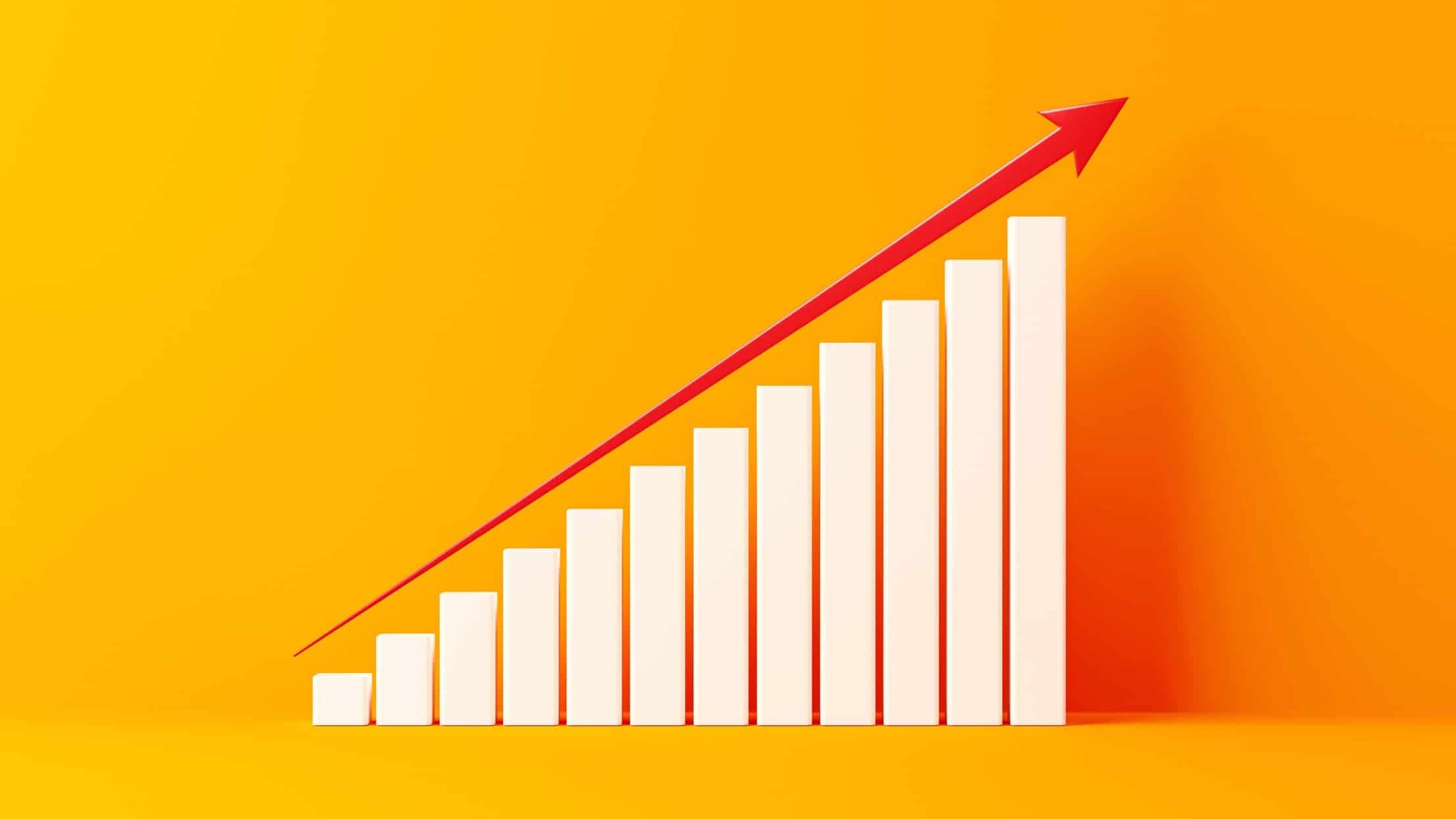 Increasing white bar graph with a rising arrow on an orange background.