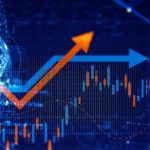 Blue and orange arrow rising alongside graph points, symbolising growth stocks.