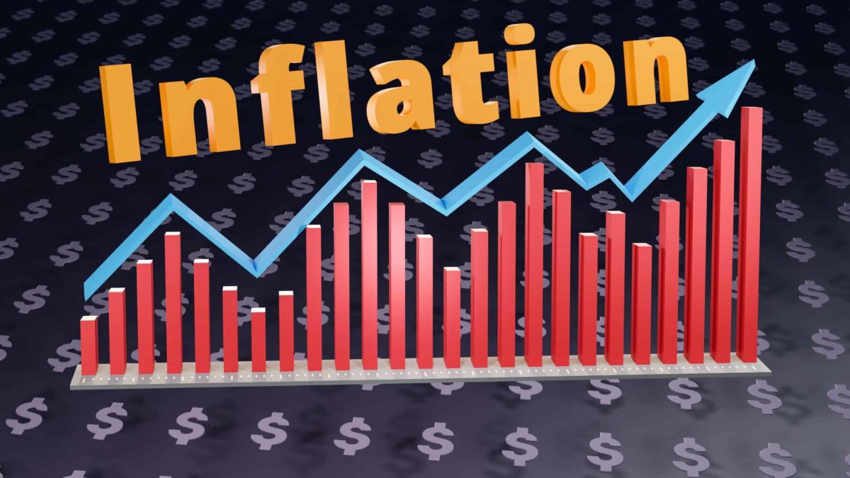 Inflation written in yellow with a rising blue line and red bars on a graph.
