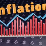 Inflation written in yellow with a rising blue line and red bars on a graph.