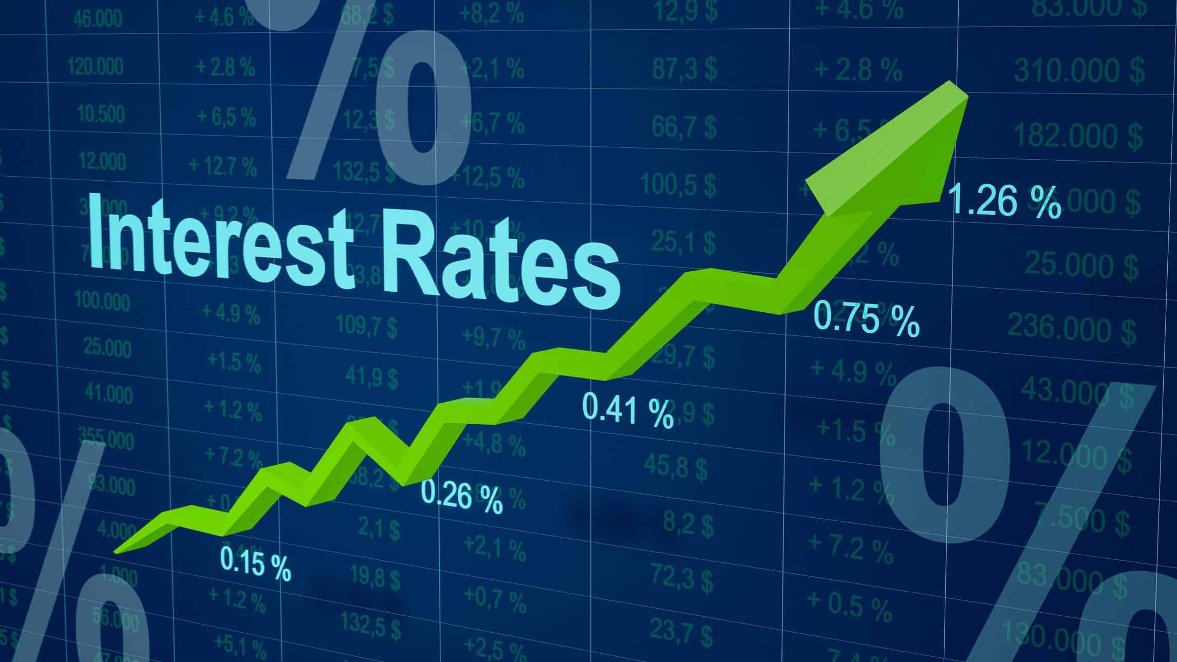 Interest rate written with a green arrow going up.
