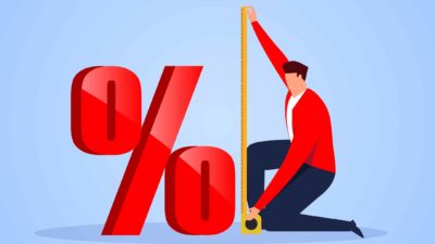 Animation of a man measuring a percentage sign, symbolising rising interest rates.