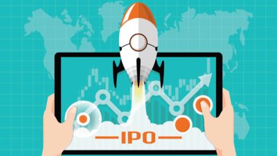 Graphic showing a tablet with an IPO rocket going up with a stock market chart representing the upcoming IPO of ASX uranium and lithium share Aurora Energy Metals