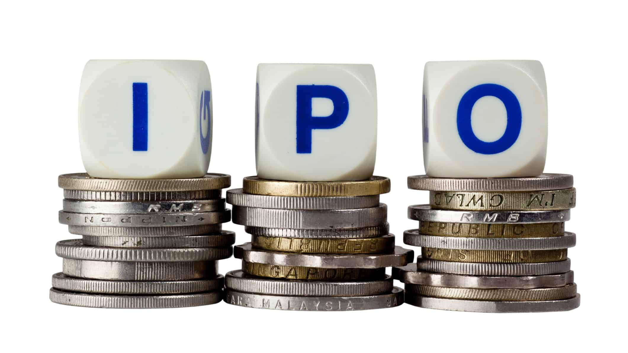 IPO written on block cubes on top of coins.