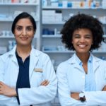 Two happy pharmacists standing together in a pharmacy.