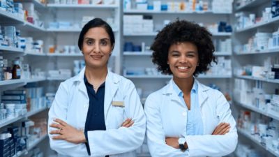 Two happy pharmacists standing together in a pharmacy.