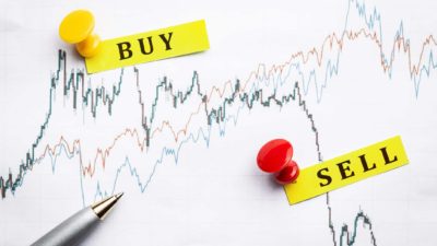 Buy and sell on yellow paper with pins on them and several share price lines.