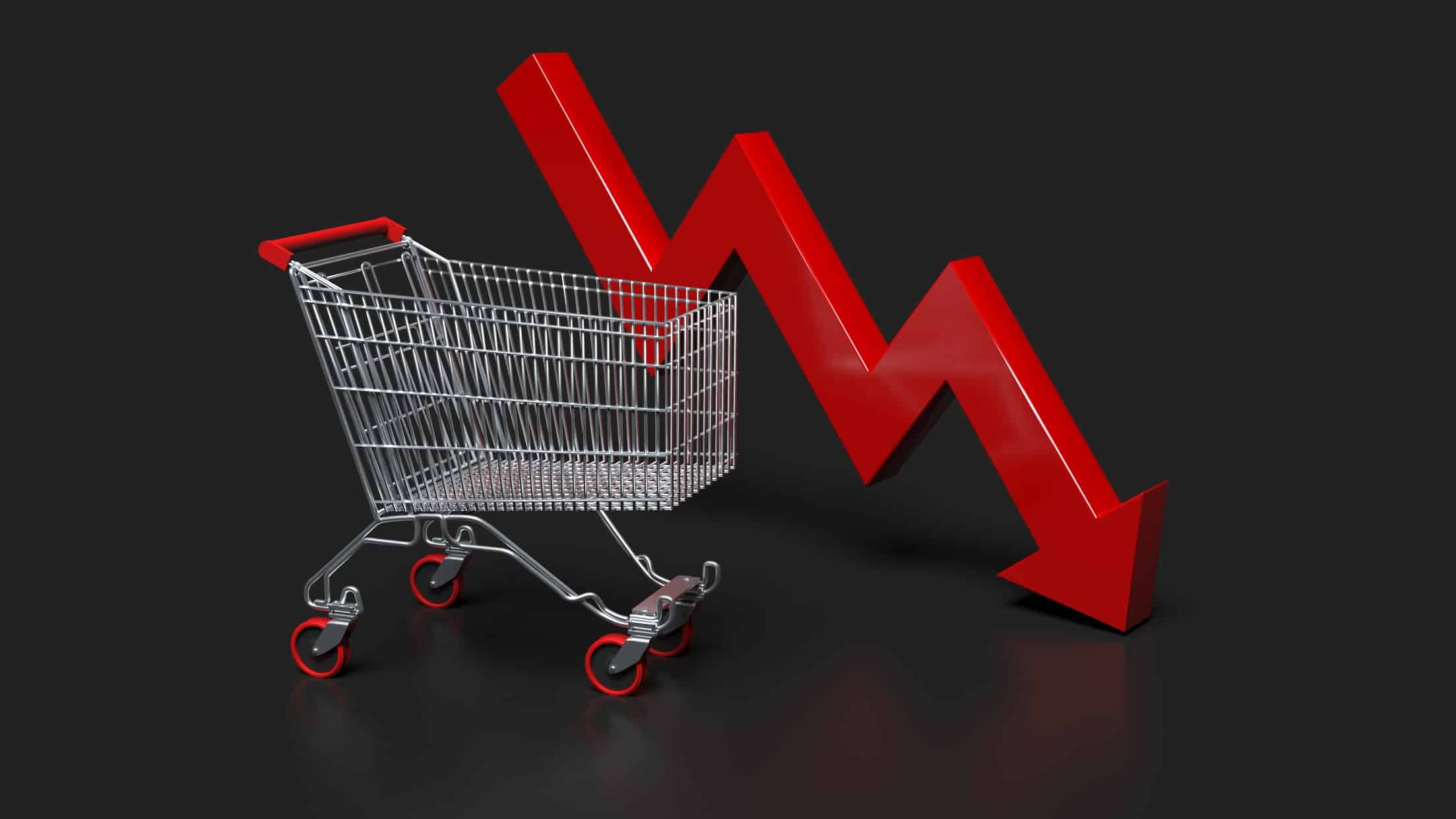 Supermarket trolley with a red arrow pointing downwards, symbolising a falling share price.