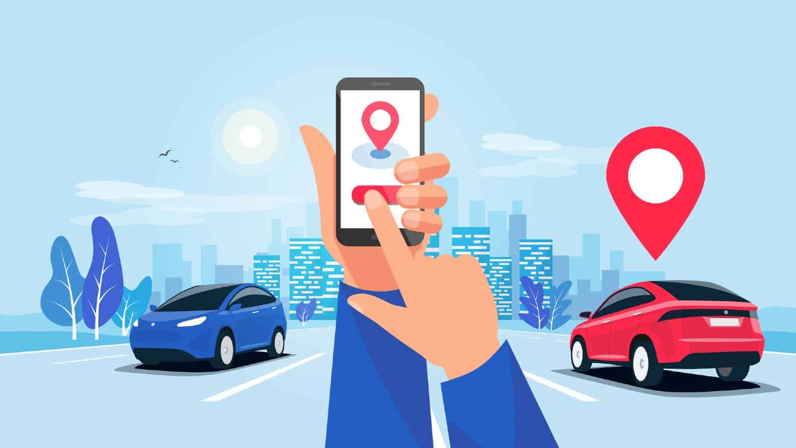 Uber app with delivery cars in an animation.