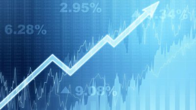 Rising arrow on a blue graph symbolising a rising share price.