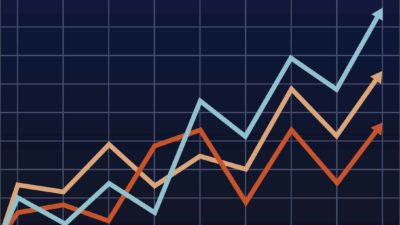 Three different coloured arrows going up, symbolising a rising share price and record highs.