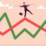 Animated man balancing on a chart with a red and green arrow symbolising volatility.