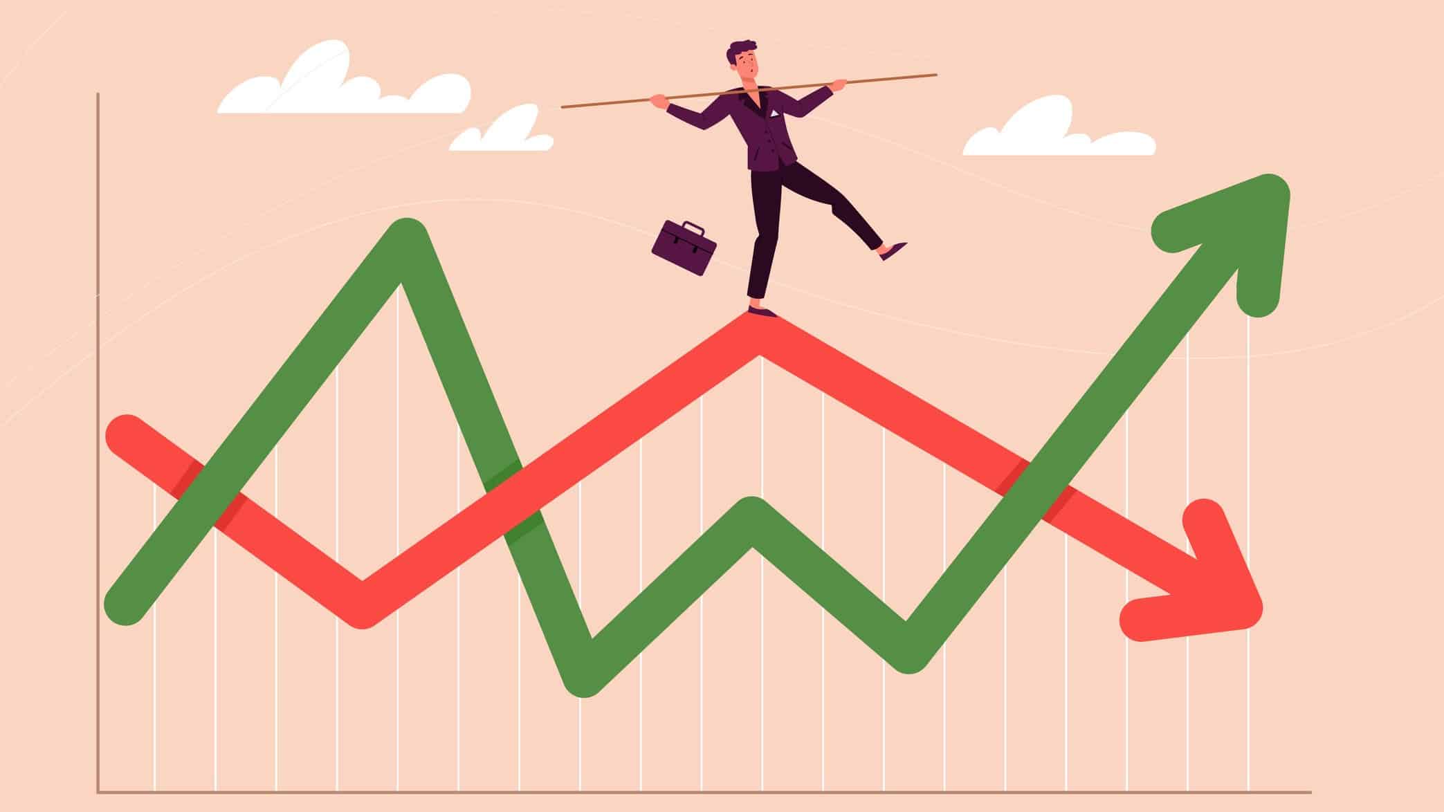 Animated man balancing on a chart with a red and green arrow symbolising volatility.