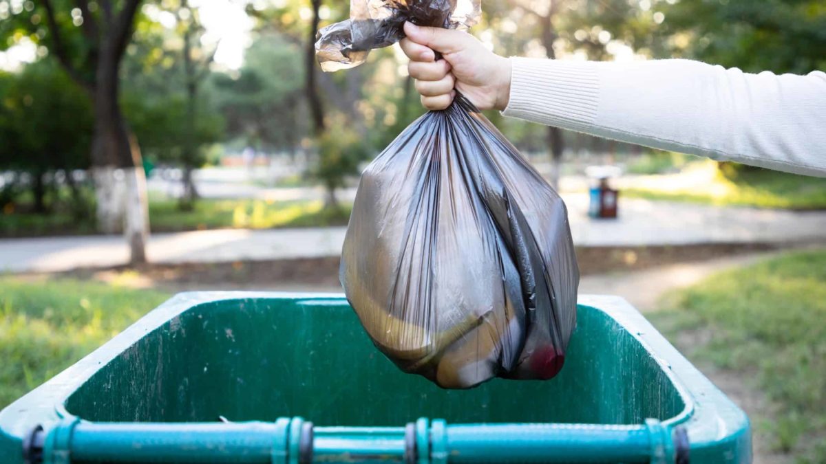 A hand holds a garbage bag over a wheelie bin, about to dump the rubbish.