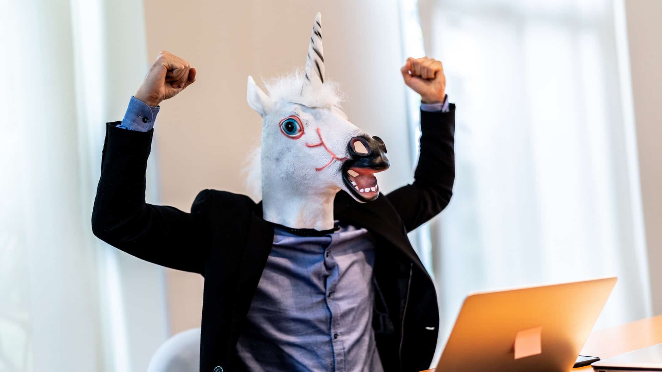 A man with a unicorn mask sits at desk and cheers.