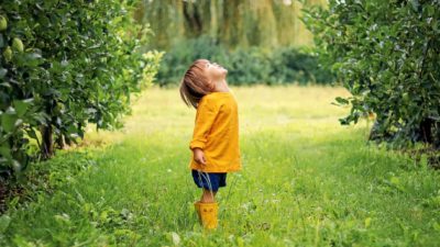 A little boy surrounded by green grass and trees looks up at the sky, waiting for rain or sunshine.