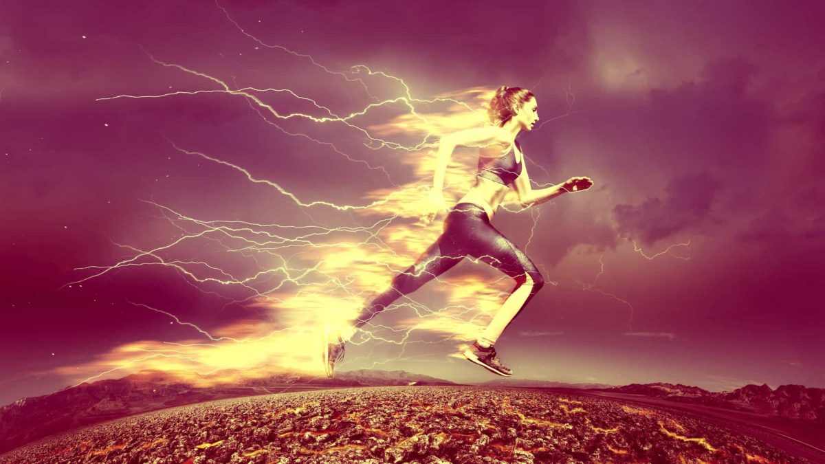 A woman sprints with a trail of fire blazing from her body.