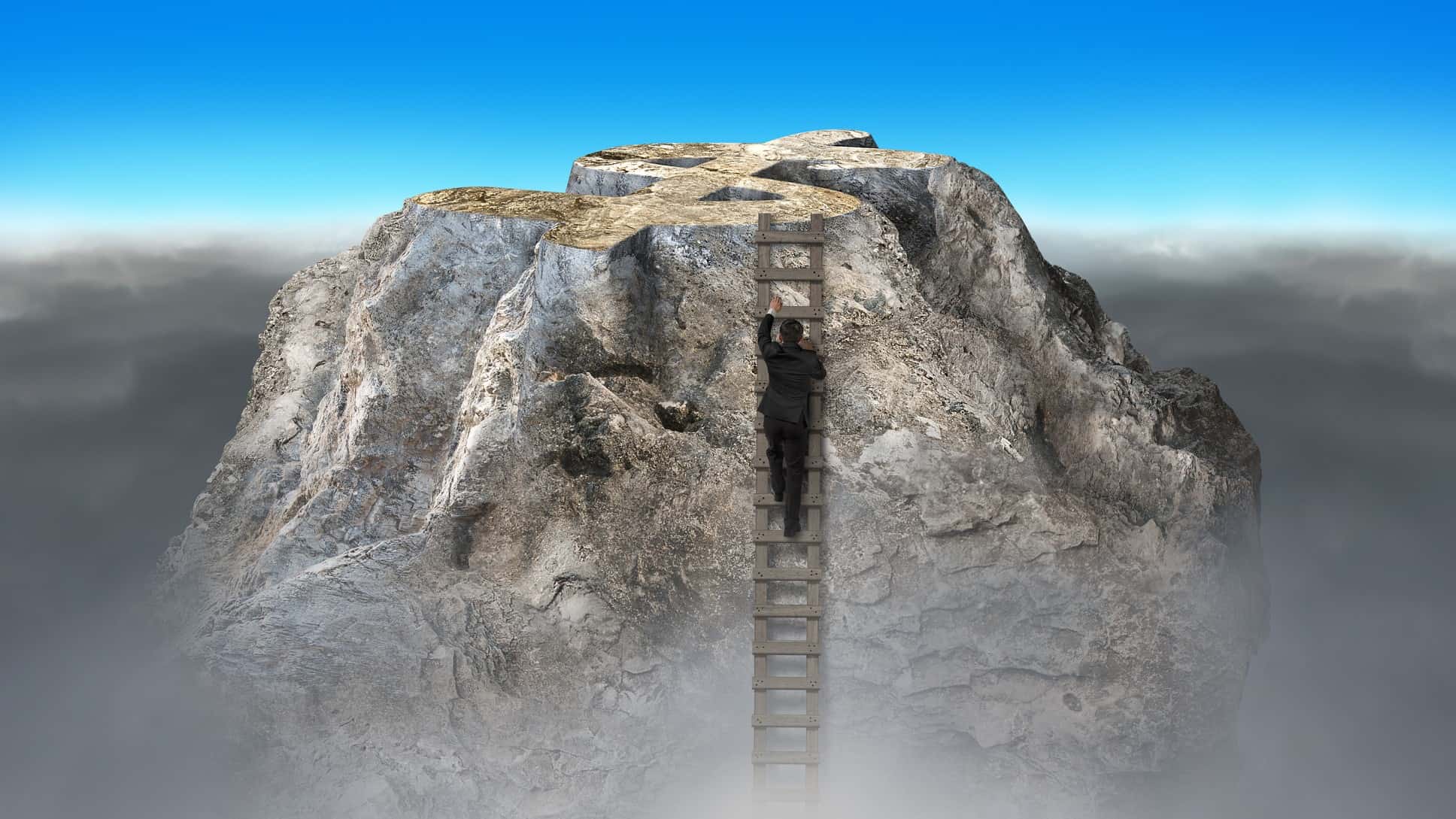 a man in a business suit climbs on a ladder near the peak of a mountain shrouded in cloud with the top of the mountain resembling a dollar sign with a blue sky glowing above it.