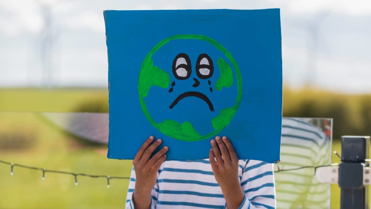 A child holds a piece of paper with a sad globe painted on it in front of his face.