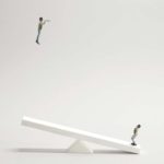 A person bounces another up high from a seesaw as the one in the air looks through a telescope into the future.