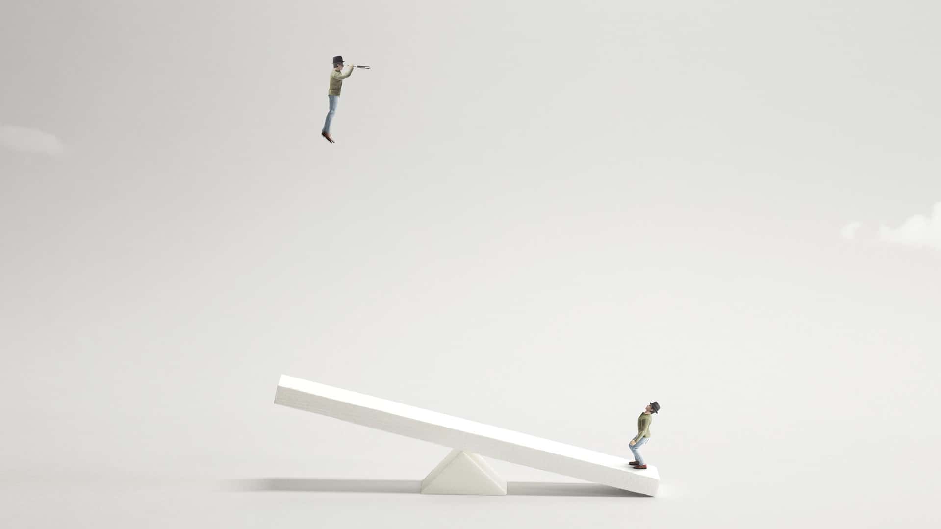 A person bounces another up high from a seesaw as the one in the air looks through a telescope into the future.