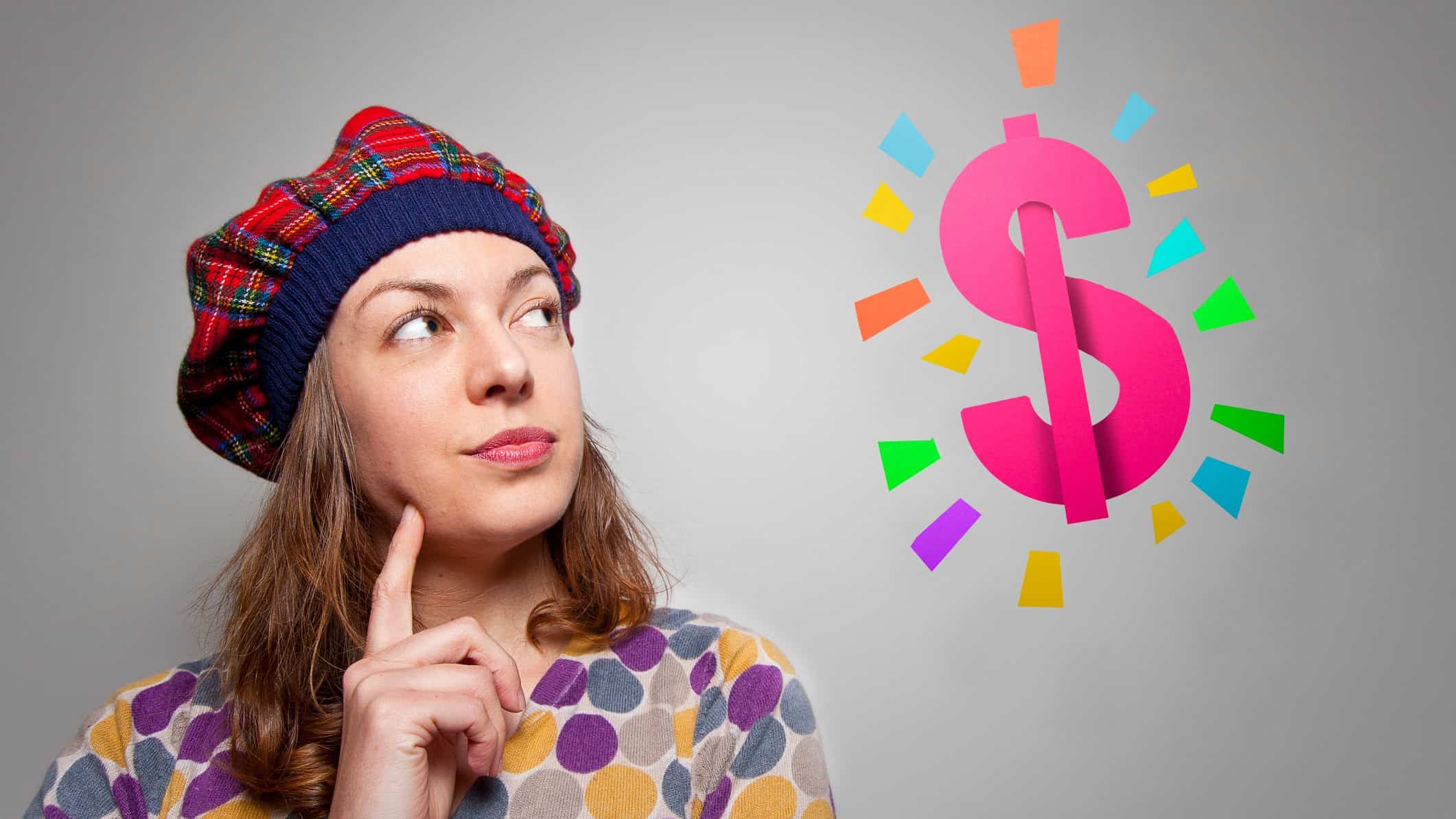A woman looks quizzical while looking at a dollar sign in the air.