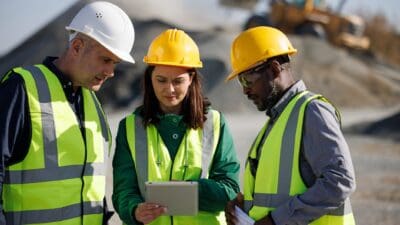 Three miners looking at a tablet.