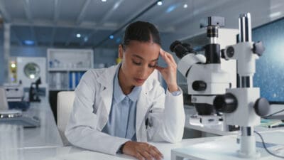 Shot of a young scientist looking stressed while conducting medical research in a laboratory.
