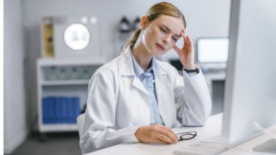 Stressed, unhappy and tired scientist with a headache working on a computer in a lab. Worried, anxious and frustrated pathologist, researcher and doctor struggling with burnout, tension and strain.