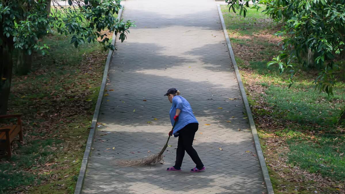 A woman with a broom sweeps a path clear of leaves in a park.