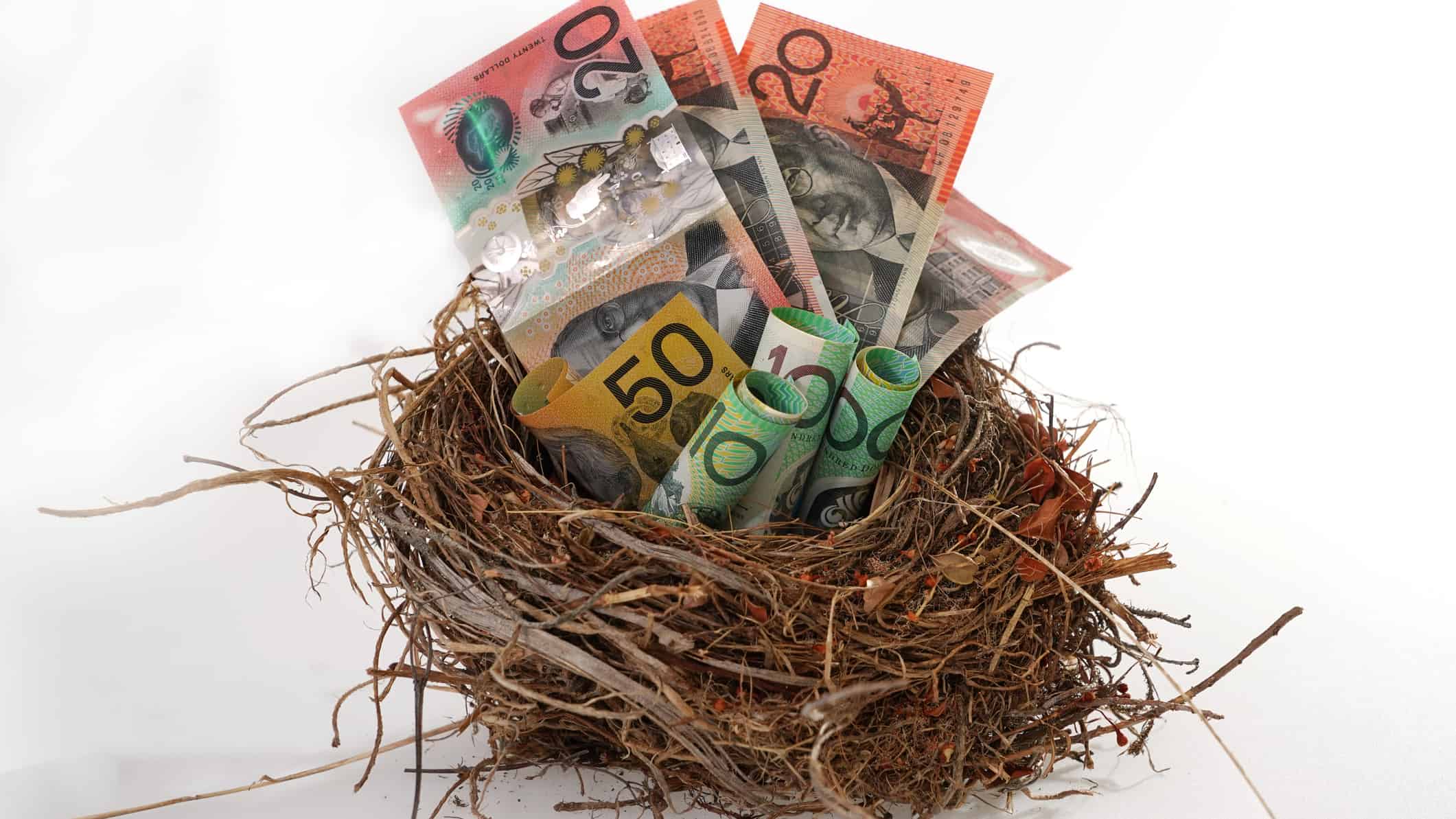Australian dollar notes in a nest, symbolising a nest egg.