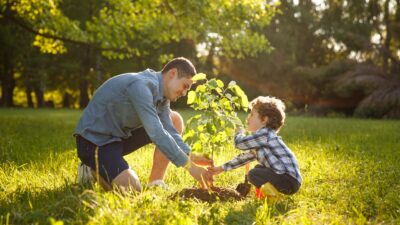 A smiling little boy helps his father plant a tree, indicating that big things grow from a small beginning.