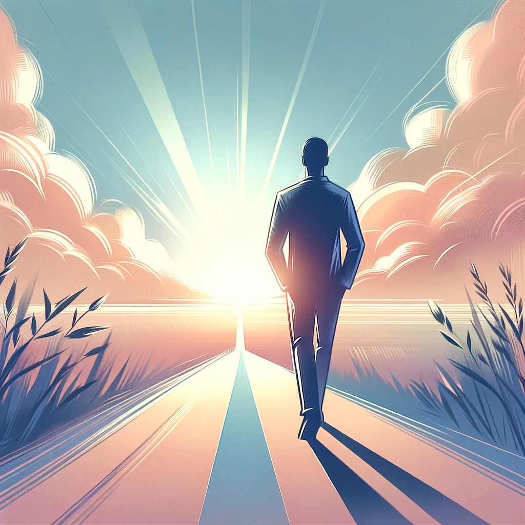 DALL·E 2024-01-31 11.12.29 - An image of a person with a confident posture taking a step forward on a path that leads towards a bright horizon. This represents taking the first st