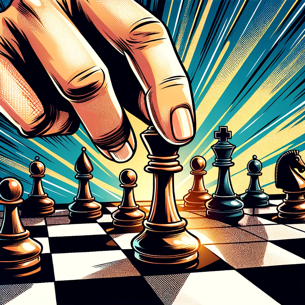 DALL·E 2024-01-31 11.33.32 - Chess pieces on a chessboard, with focus on a hand making a strategic move. This image should symbolize the strategic nature of choosing an investment