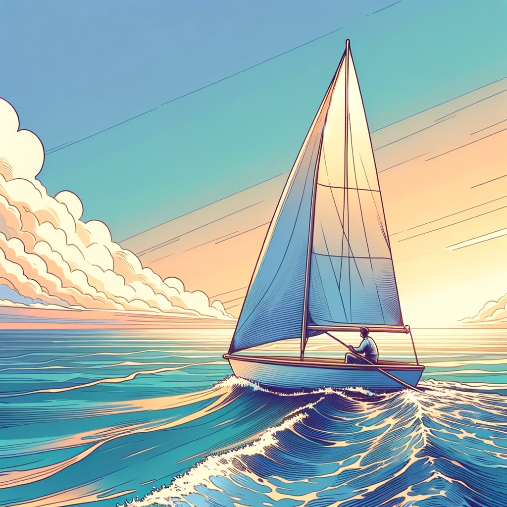DALL·E 2024-01-31 15.52.25 - Modify the illustrated version of the close-up view of the person navigating the small sailboat to incorporate slightly lighter pastel colors, enhanci