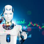 A humanoid robot is pictured looking at a share price chart