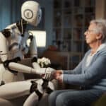An elderly woman confides her psychological distress to her robotic assistant.