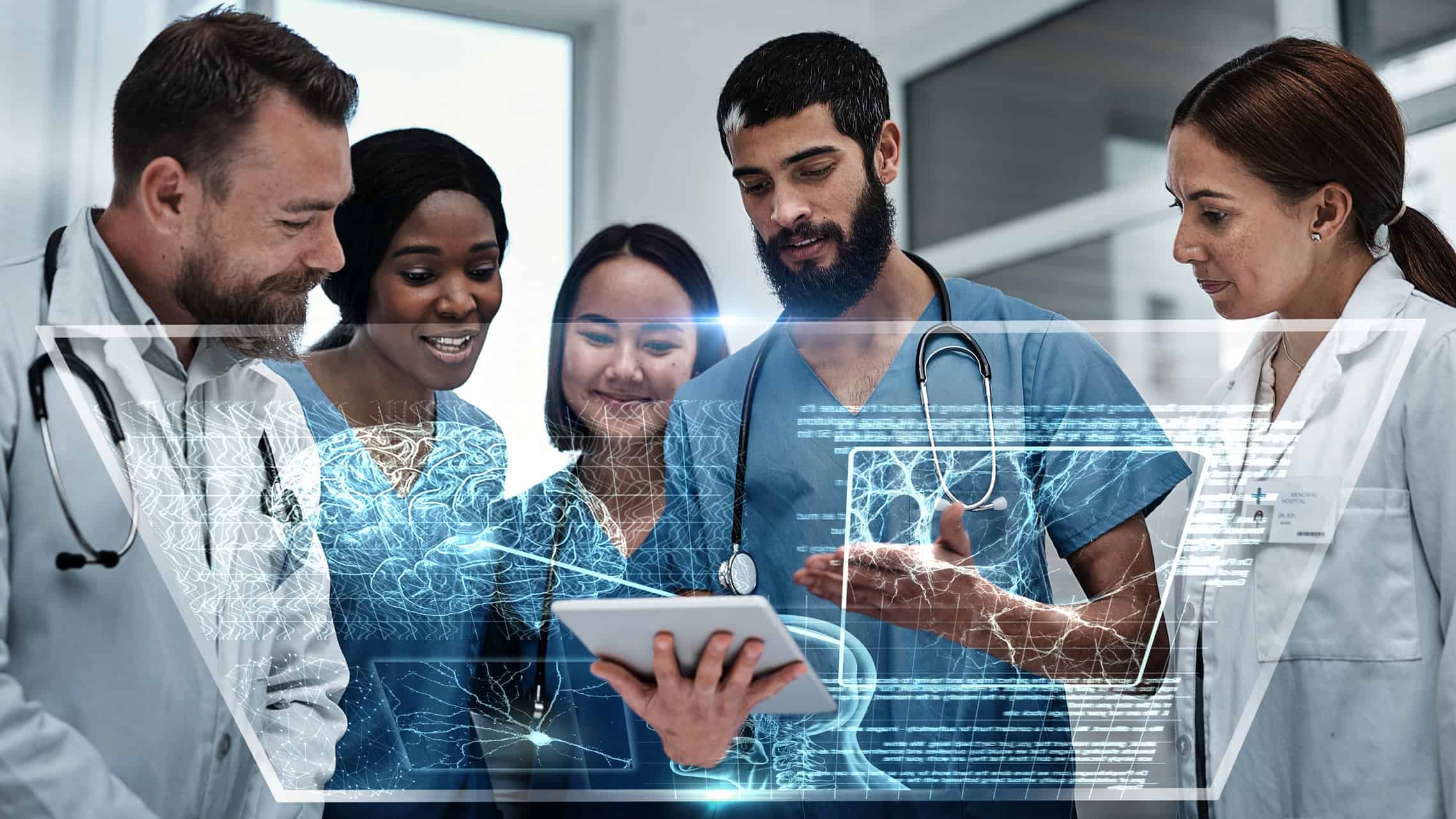 Researchers and doctors with futuristic 3d hologram overlay for body anatomy or dna in hospital clinic.