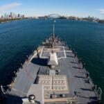 A U.S. Naval Ship (DDG) enters Sydney harbour.