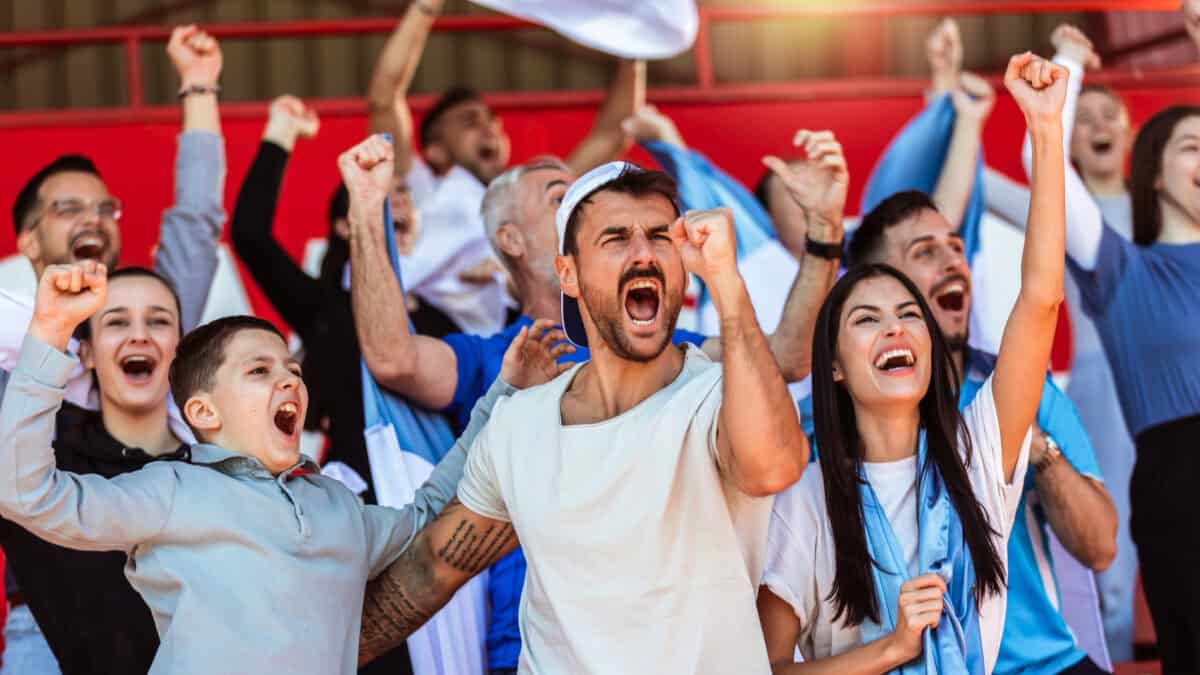 Sport fans cheering at a game in a stadium.