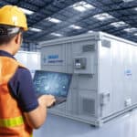 Worker on a laptop in front of an energy storage system in a factory.