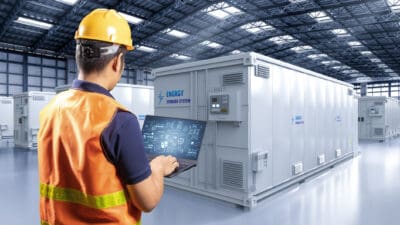Worker on a laptop in front of an energy storage system in a factory.