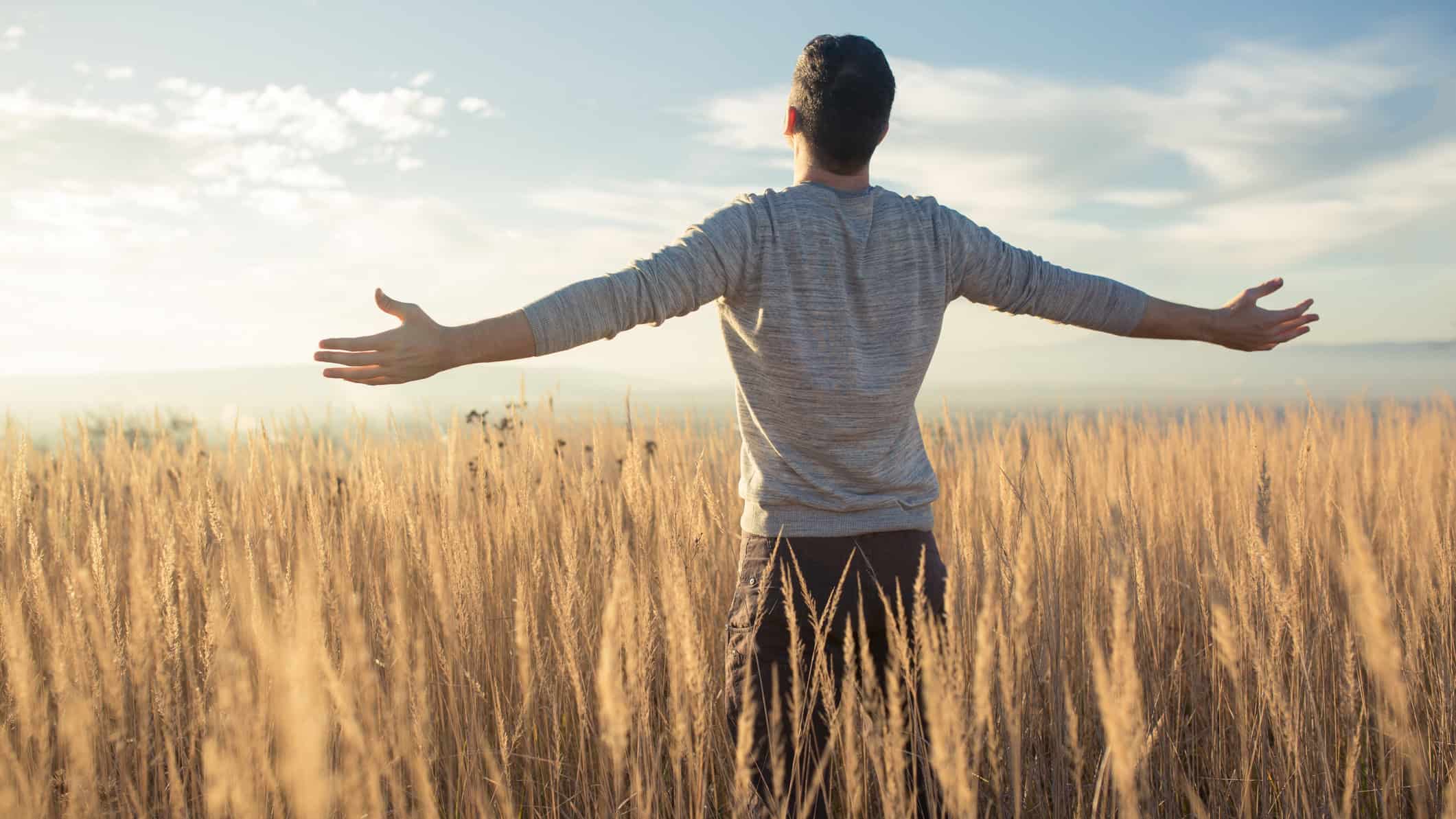 Man with his arms spread wide in a field.